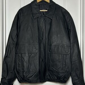 Colebrook Vintage 90s Genuine Leather Black Collared Full Zip Bomber Jacket